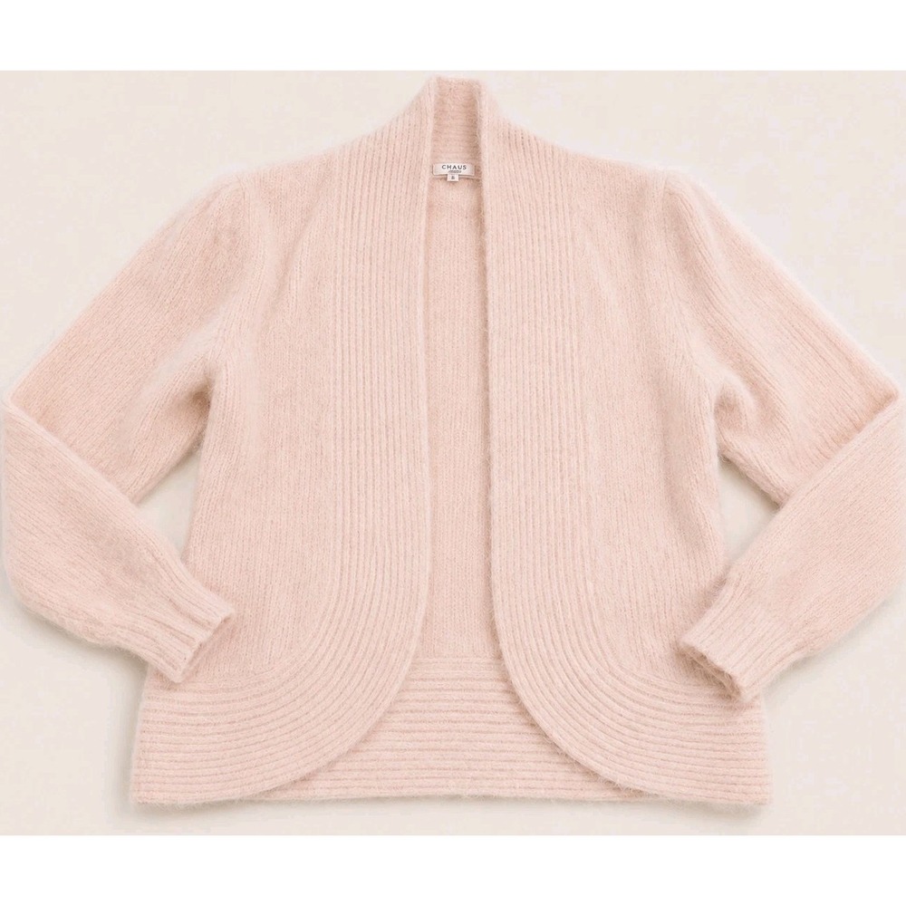 Soft Pink Angora Mohair Blend Cardigan Women L XL Open Front Cozy Fuzzy Sweater